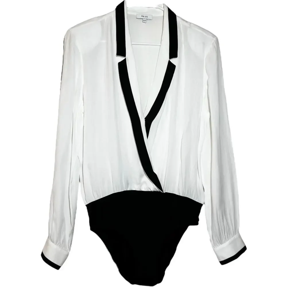 Reiss Jayde Bodysuit Blouse Long Sleeve Low V-Neck White Black 8